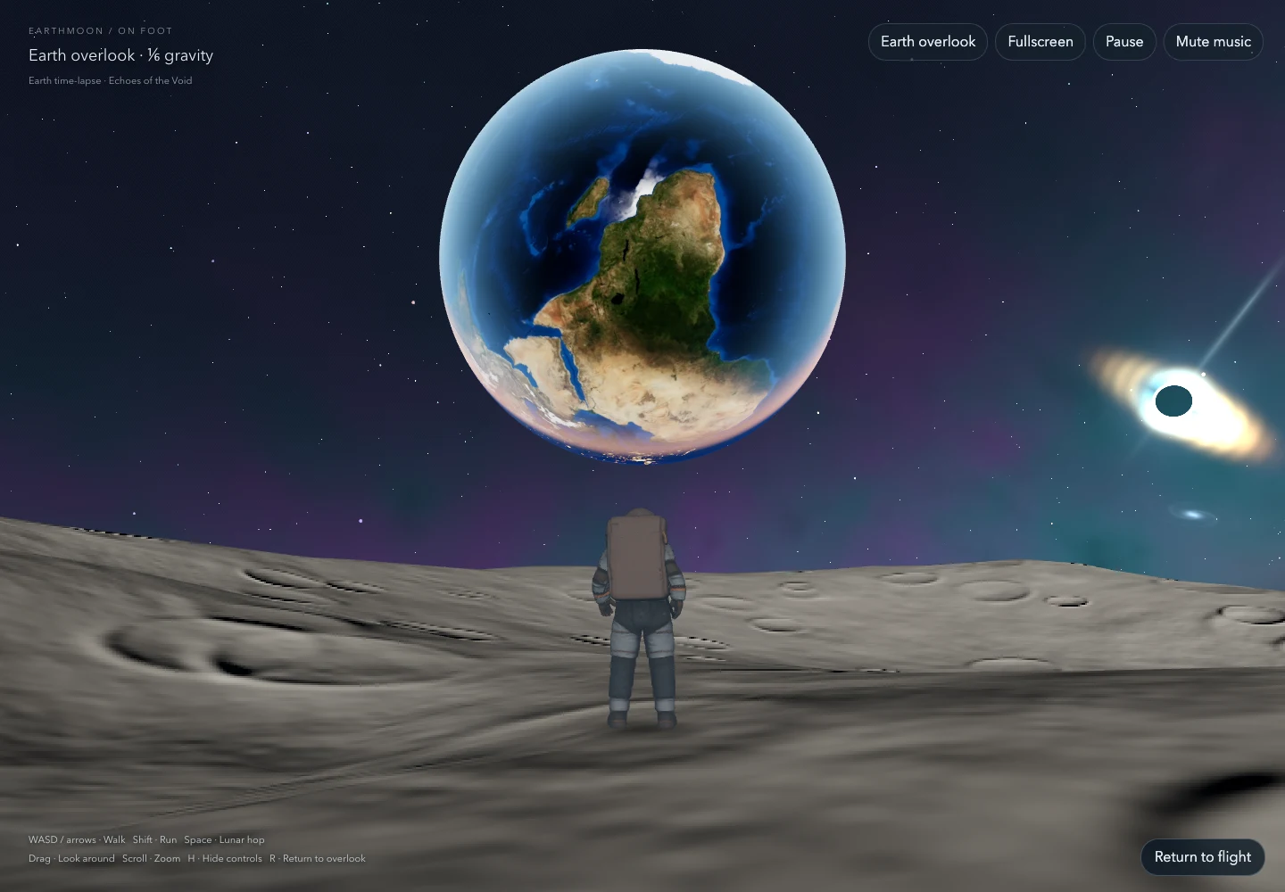 Astronaut on the lunar surface looking toward Earth in Earthmoon's Moonwalk mode
